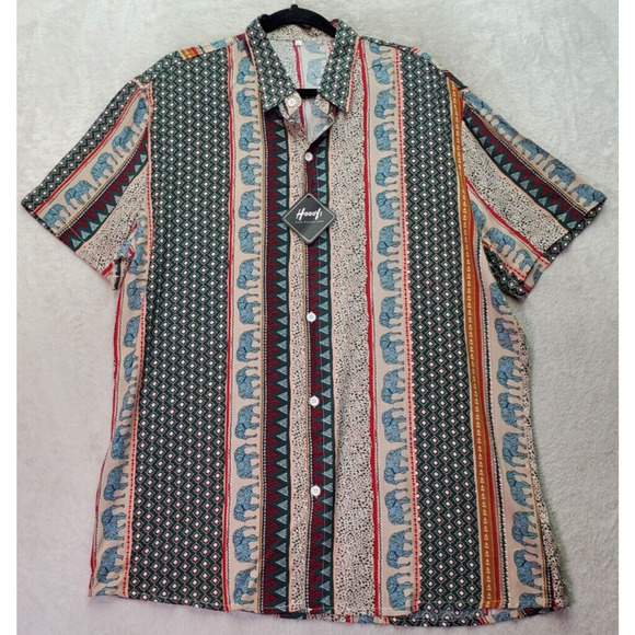 Hooyi Shirt Men's 2XL Multi Elephant Print 100% Rayon Short Sleeve Button‎ Down - Picture 1 of 7